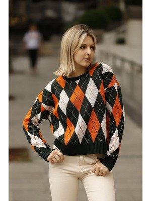 Lior Design Turuncu Baklava Desenli Renk Bloklu Kışlık Triko Kazak BCES-253017