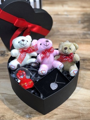 UltraMint Sevgililer Günü Özel Kalpli Kutu, 3 Renk Ayıcık ve Doğal Taşlar