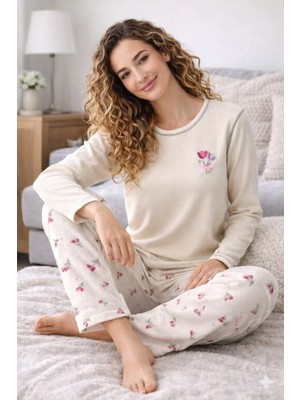 Mihra Homewear Mihra Pamuklu Wafflee Laleli Bej Kadın Pijama Takımı