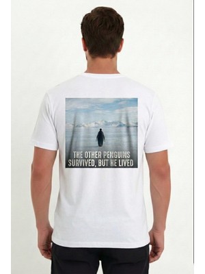 Erkek Oversize Tişört - Sırt Baskılı "survivor Penguin" Temalı, Felsefi Yazılı Bisiklet Yaka Tişört - Beyaz
