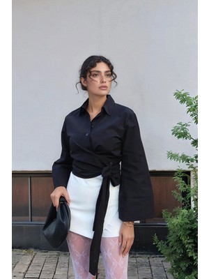 Lior Design Siyah Geniş Manşetli Kol Detaylı Önü Bağlamalı Poplin Gömlek BCDF-2510000