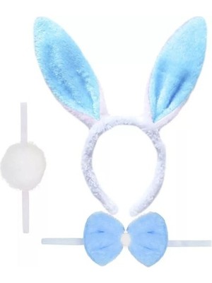 Ett Tavşan Kostüm Seti Taç Papyon Ponpon Kuyruk Mavi