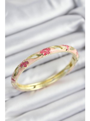 Pazarcan Mineli Pirinç Pembe Çiçek Motifli Gold Renk Kadın Kelepçe - TJ-BB7372