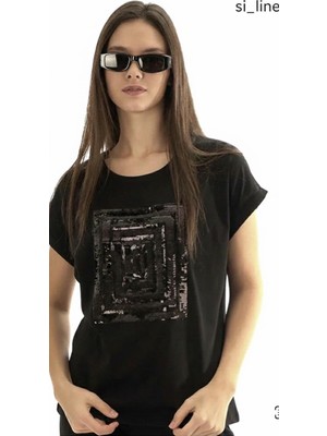 Joggy Kadın Bisiklet Yaka Payetli T-Shirt