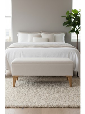 Mefaks Tekstil Sandıklı Bench Puf Krem – Kapaklı Ahşap Ayaklı Fonksiyonel Oturma Pufu, Yatak Ucu & Antre