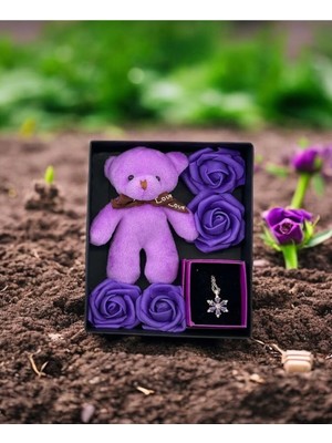 UltraMint Mor Lotus Kolye ve Ayıcık Anahtarlık Sevgililer Günü Hediye Kutusunda