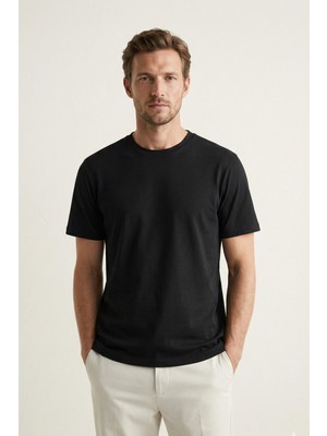 Elemge Pamuk Elastan Erkek Vücuda Oturan Magic Fit Siyah T-Shirt Kısa Kol Esnek Likralı Tişört Nefes Alan