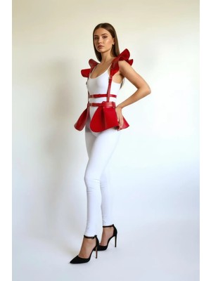 Beruflic Kırmızı Etek Deri Volanlı Omuz Peplum - BRF1001