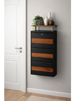 Karlı 3'lü Kilitli Antrasit Metal Ayakkabılık ( Ahşap Desenli ve Üst Ahşap Tablalı )