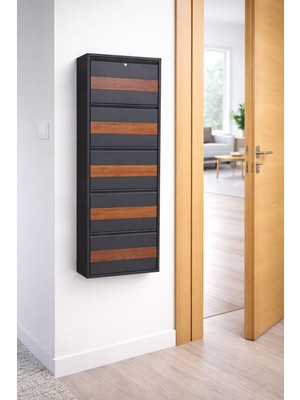 Karlı 5'li Kilitli Antrasit Metal Ayakkabılık ( Ahşap Desenli )