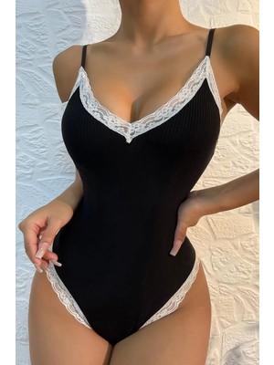 Brentino Kadın Beyaz Dantel Işlemeli Siyah Tulum Gecelik