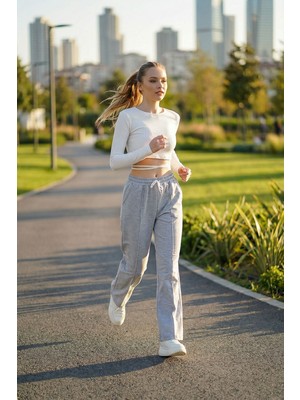 Lior Design Gri Yüksek Bel Önü Çimalı Bol Paça Çift Cepli Eşofman Altı BCHYL-251228