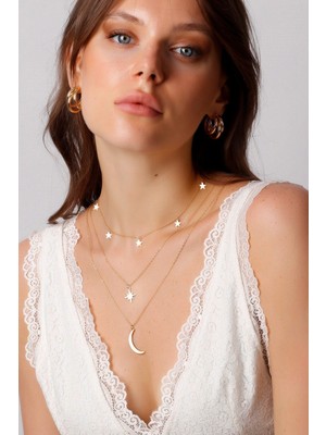 TRY Altın Renk Çelik Kutup Yıldızı ve Hilal Figürlü Çok Katmanlı Kombin Kolye