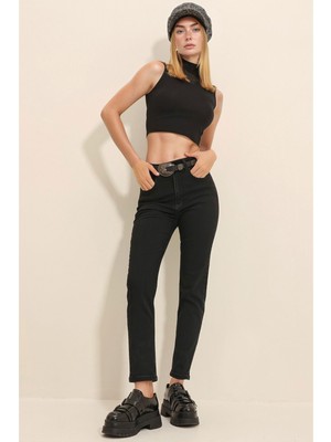 Lior Design Siyah Yüksek Bel 5 Cepli Full Likralı Mom Jeans BCHNW-251167