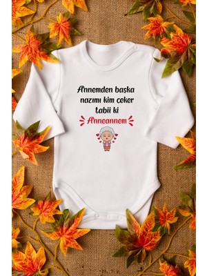 Overoz Anneanne Baskılı Uzun Kollu Beyaz Bebek Body Zıbın 5416