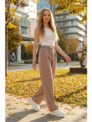 Lior Design Bisküvi Yüksek Bel Önü Çimalı Bol Paça Çift Cepli Eşofman Altı BCHYL-251228