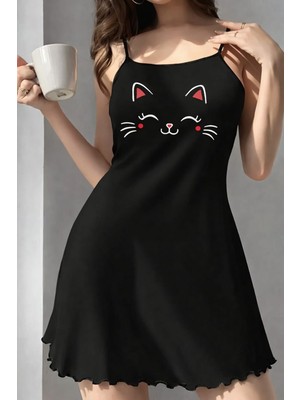 Kadın Siyah Ip Askılı Penye Gecelik – Kedi Baskılı