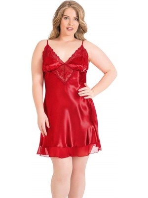 Mulvxbrf BRF02 Büyük Beden Kırmızı Kısa Saten Gecelik (Mulvix)