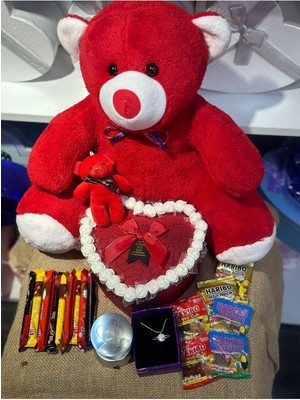 UltraMint Sevgililer Günü Kırmızı Peluş Ayıcık Seti Kalpli Kutu ve Kolye ile Hediye