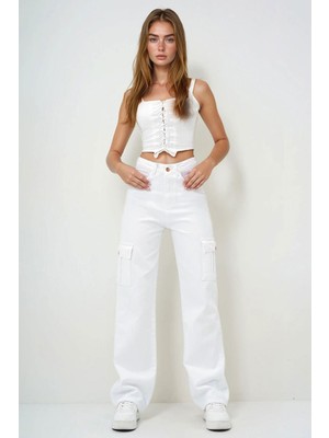 Lior Design Beyaz Kargo Cepli Jean Pantolon BCHNW-251166