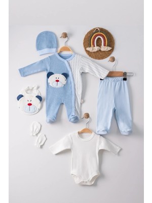 Ayıcık Nakışlı Tulumlu % 100 Pamuk Erkek Bebek 5'li Set