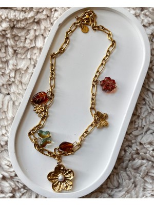 Zara Model Gold Charmlı Çiçek Detaylı 316L Paslanmaz Çelik Kolye