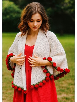 UltraMint Kırmızı Güllu Beyaz Buket El Örgüsü Kadın Şal, Trend Sevgililer Günü Hediyesi