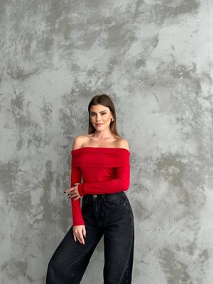 Eloria Fashion Kadın Esnek Madonna Yaka  Bluz, Uzun Kollu