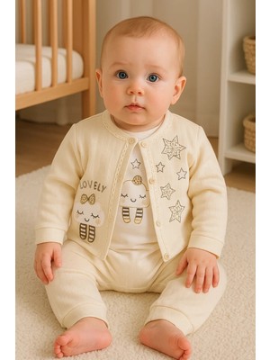 Beruflic Lovely Yıldız Desenli 3'lü Hırkalı Kız Bebek Takım