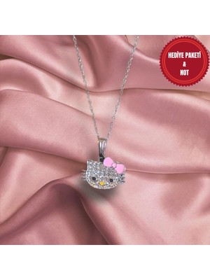 UltraMint Kedi Figürlü Taşlı Çelik Kolye, Gümüş Renk Zincir, Şık Hediye