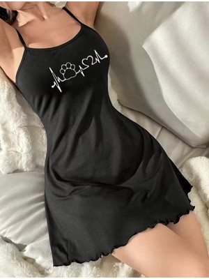 Kadın Siyah Ip Askılı Penye Gecelik – Kalp & Nabız Baskılı