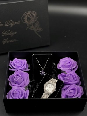 UltraMint Sevgililer Günü Için Yapay Çiçekli Kutuda Lotus Kolye ve Taşlı Saat