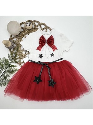 1-2-3 Yaş Payetli Yıldız Nakışlı Astarlı Etek Kız Bebek Tütü Elbisesi Ekru