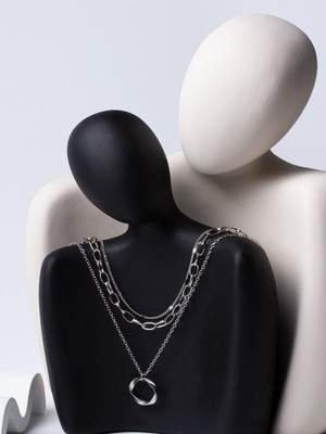 TRY Gümüş  Renk Bükümlü Yuvarlak Charm Katmanlı Kolye