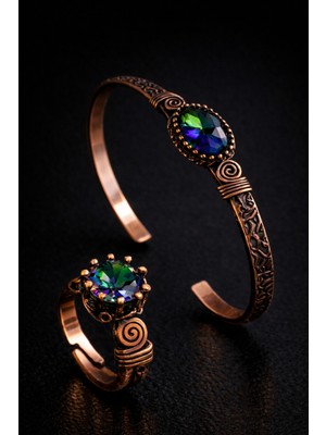 Kadın Bakır Bileklik Yüzük Set Mistik Topaz Oval Model Taşlı Kelepçe Bilezik