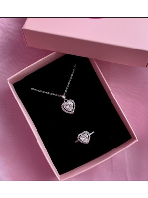 UltraMint Zirkon Çelik Kalp Kolye ve Yüzük Seti, Sevgililer Günü Hediyesi