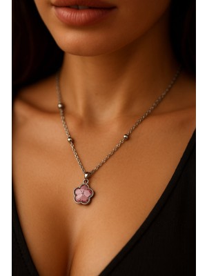 TRY Gümüş Renk Pembe Taş Beş Yapraklı Stilize Çiçek Model Top Zincir Çelik Kolye -  3793