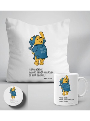 UltraMint Sabah Uyanma Seti: Pooh Baskılı Yastık, Kupa ve Bardak Altlığı