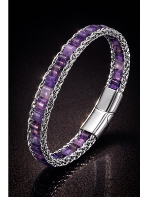 Kadın Çelik Bileklik Doğal Ametist Taşlı Örgü Zincir Model Kadın Künye