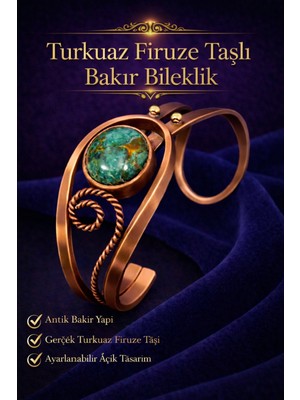 Kadın Bakır Bileklik Doğal Turkuaz Firuze Taşlı Otantik Model Bilezik Her Bileğe Uygun