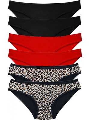 MiraLive 6 Adet Özel Set Likralı Yumuşak Dokulu Kadın Slip Külot Leopar Siyah Kırmızı