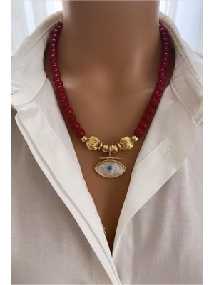 UltraMint Koyu Kırmızı Göz Uç Bordo Cam Boncuk Kadın Kolye Hediye