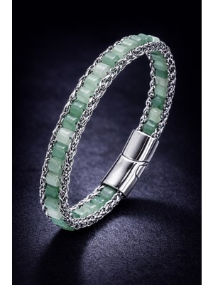 Erkek Çelik Bileklik Doğal Yeşil Aventurin Taşlı Jade Model Örgü Zincir Model Erkek Künye