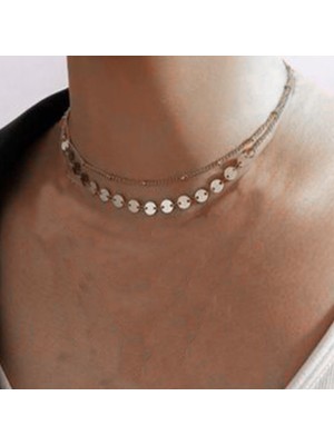 TRY Gümüş Renk Ik Katmanlı Top ve Pul Zincir Kolye - 2152