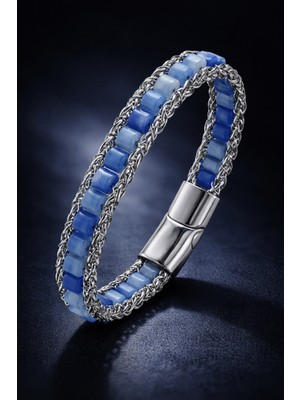 Erkek Çelik Bileklik Doğal Mavi Kalsedon Taşlı Örgü Zincir Model Erkek Künye