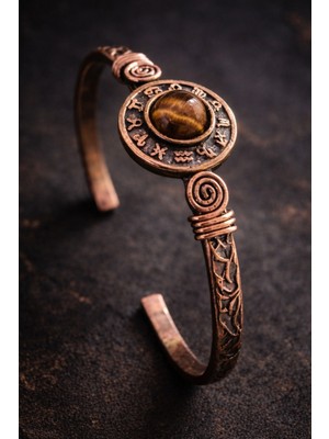 Kadın Bakır Bileklik Burçlar Işlemeli Kırmızı Akik Taşlı Saf Bakır Bileklik