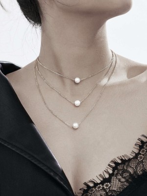 TRY Gümüş Renk Üç Katmanlı Üç Incili Kolye - 2127