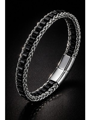 Erkek Çelik Bileklik Doğal Oniks Taşlı Örgü Zincir Model Erkek Künye