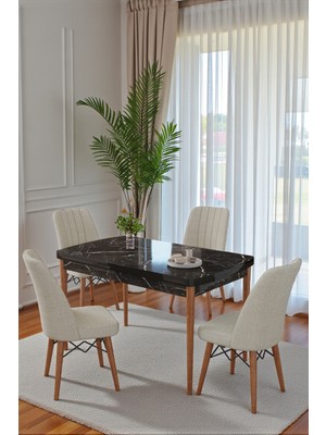 Kaktüs Avm 70X110 cm Mutfak Masası Takımı | 4 Kişilik Sabit Masa Sandalye Takımı | Yemek Masası | Masa Takımı - Siyah Mermer Masa - Krem