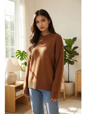 Lior Design Kahverengi Bisiklet Yaka Oversize Triko Kazak BCHPK-251238